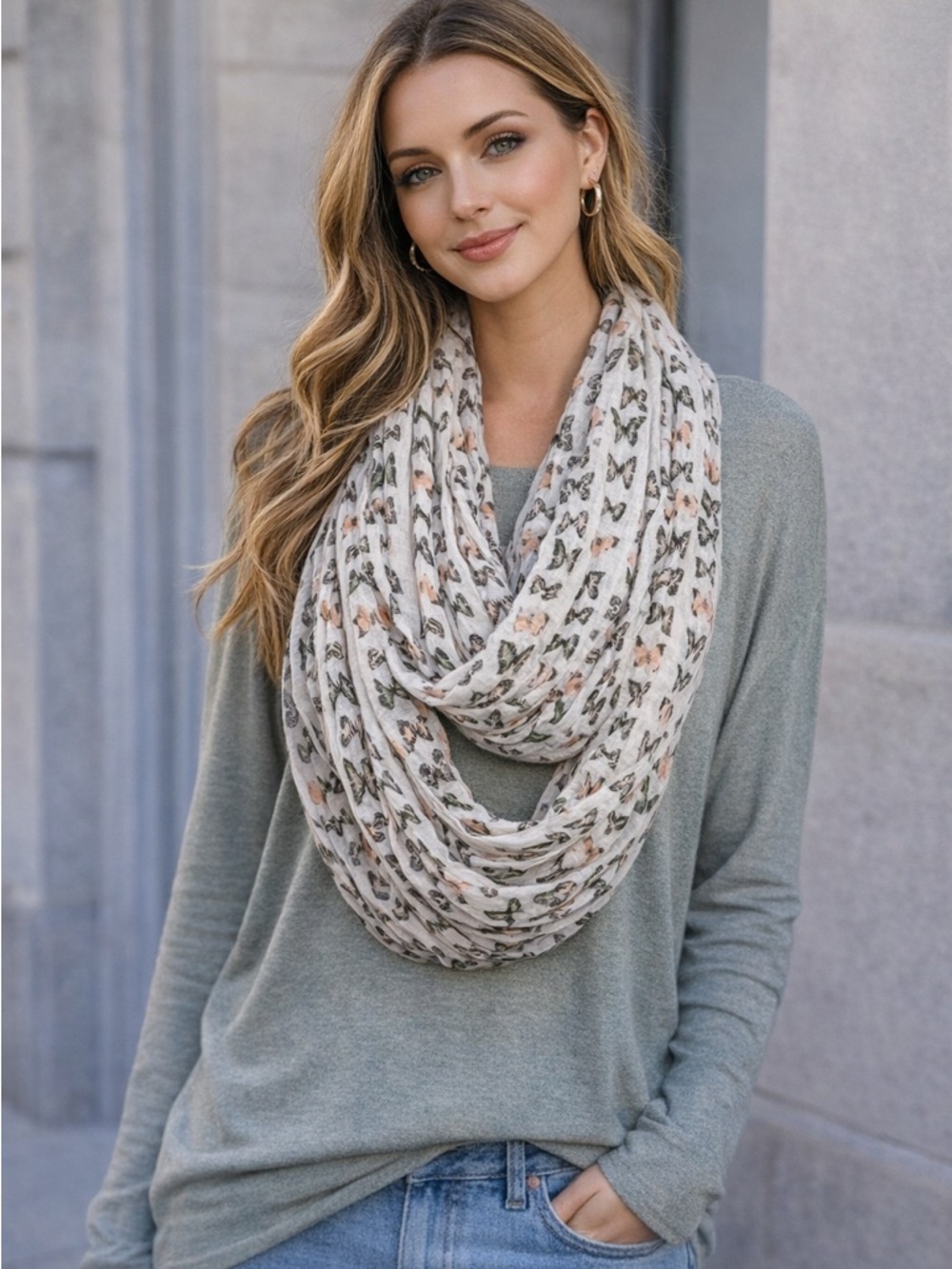 Lightweight White Sheer Butterfly-Print Women’s infinity scarf